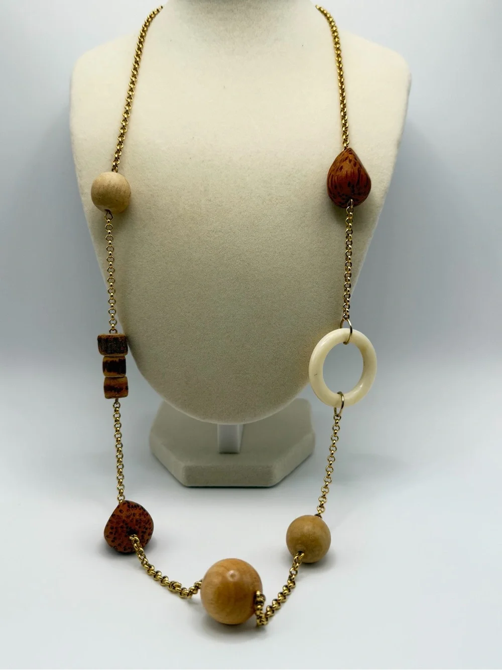 Gold-Tone Chain Necklace with Natural Brown & Cream Wood Accents